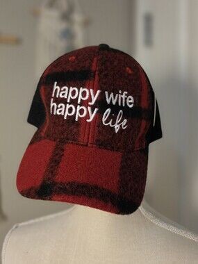Red Plaid 'happy wife happy life' Baseball Cap